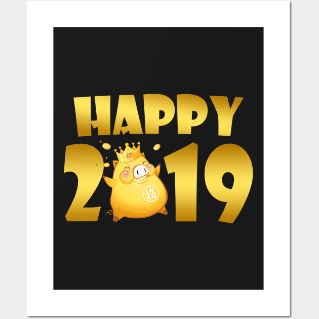 New Years Eve T-Shirt 2019 Gold Pig Gift Wall Art by TeeLovely